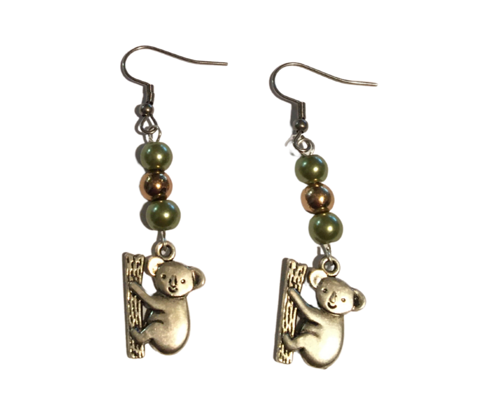 Green and gold beaded koala earrings