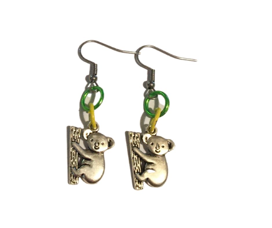 Green and yellow jump rings with koala earrings